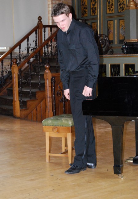 Pianist Stephen Gott taking a bow after his performance at Normansfield Theatre, May 2012